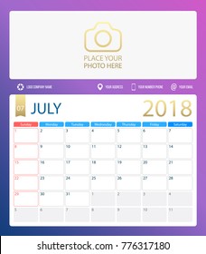 JULY 2018, illustration vector calendar or desk planner, weeks start on Sunday, size of paper for printing A4. Dark blue Violet color.