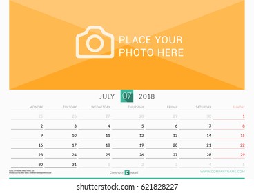 July 2018. Wall Monthly Calendar for 2018 Year. Vector Design Print Template with Place for Photo. Week Starts on Monday. Landscape Orientation