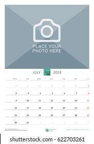 July 2018. Wall Monthly Calendar for 2018 Year. Vector Design Print Template with Place for Photo. Week Starts on Monday. Portrait Orientation