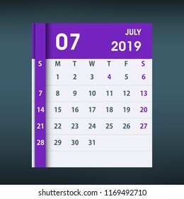 July 2019 Calendar Leaf. Flat design. Monthly calendar design template. Week starts on Sunday. Business vector illustration.