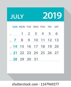July 2019 Calendar Leaf - Illustration. Vector graphic page