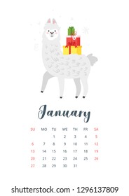 July 2019 calendar page. Cute lama. Alpaca animal with gift paper bags on the back. Vector illustration, isolated on white background.
