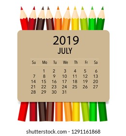 July 2019 calendar page. Vector illustration.