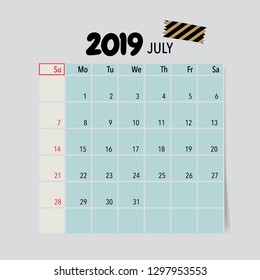July 2019 calendar page. Vector illustration.