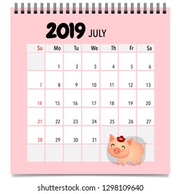July 2019 calendar page. Vector illustration.