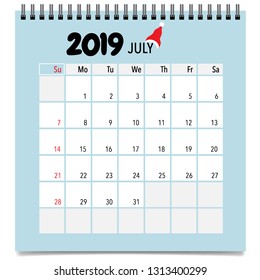 July 2019 calendar page. Vector illustration.