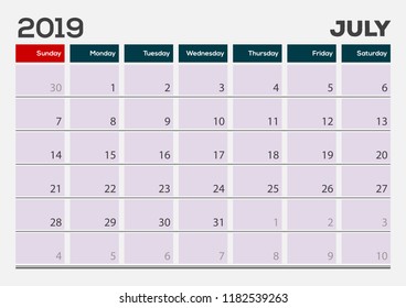 July 2019. Calendar planner design template. Week starts on Sunday. 