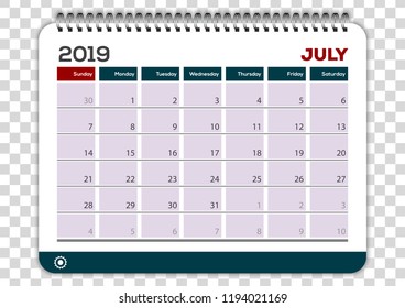 July 2019. Calendar planner design template. Week starts on Sunday. 