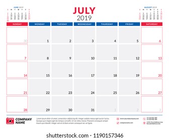 July 2019. Calendar planner stationery design template. Vector illustration. Week starts on Sunday