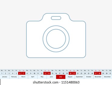 July 2019 for desk calendar, one line vector template calendar in English.