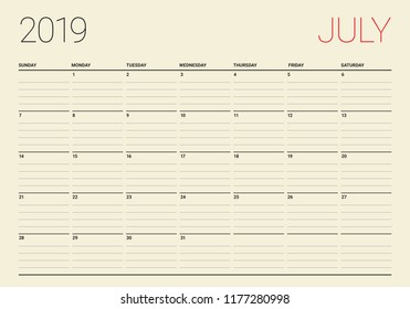 July 2019 desk calendar vector illustration, simple and clean design.