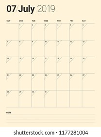 July 2019 desk calendar vector illustration, simple and clean design.