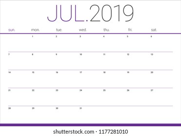 July 2019 desk calendar vector illustration, simple and clean design.