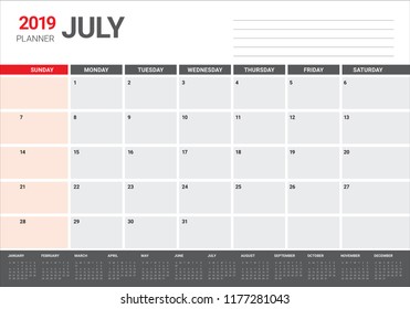 July 2019 desk calendar vector illustration, simple and clean design.