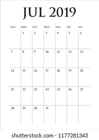 July 2019 desk calendar vector illustration, simple and clean design.
