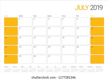 July 2019 desk calendar vector illustration, simple and clean design.