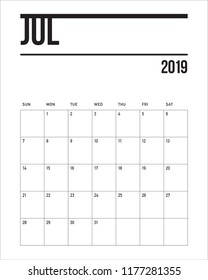 July 2019 desk calendar vector illustration, simple and clean design.