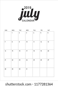July 2019 desk calendar vector illustration, simple and clean design.