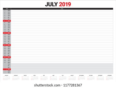 July 2019 desk calendar vector illustration, simple and clean design.