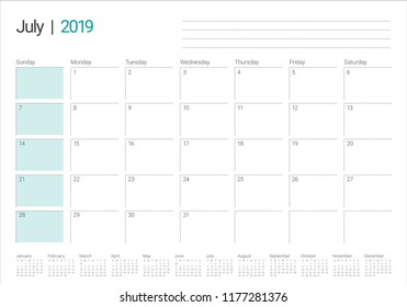 July 2019 desk calendar vector illustration, simple and clean design.