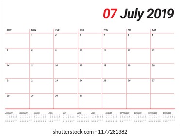 July 2019 desk calendar vector illustration, simple and clean design.
