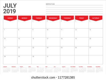 July 2019 desk calendar vector illustration, simple and clean design.