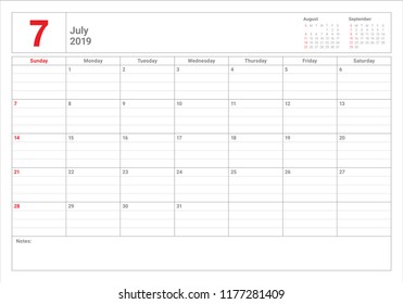 July 2019 desk calendar vector illustration, simple and clean design.