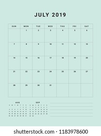 July 2019 desk calendar vector illustration, simple and clean design. 