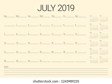 July 2019 desk calendar vector illustration, simple and clean design.