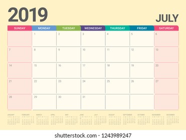 July 2019 desk calendar vector illustration, simple and clean design.
