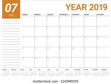 July 2019 desk calendar vector illustration, simple and clean design.