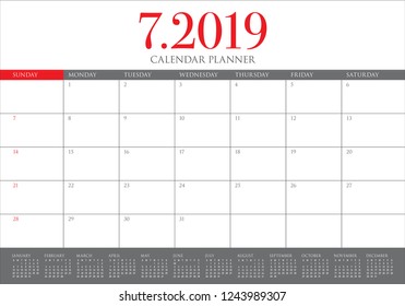 July 2019 desk calendar vector illustration, simple and clean design.