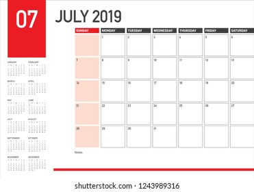 July 2019 desk calendar vector illustration, simple and clean design.