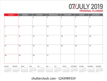 July 2019 desk calendar vector illustration, simple and clean design.