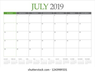 July 2019 desk calendar vector illustration, simple and clean design.