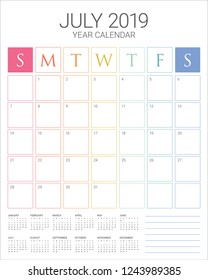 July 2019 desk calendar vector illustration, simple and clean design.