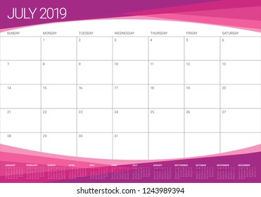 July 2019 desk calendar vector illustration, simple and clean design.