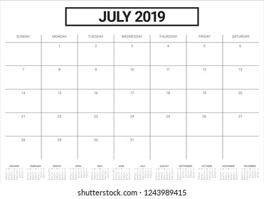 July 2019 desk calendar vector illustration, simple and clean design.