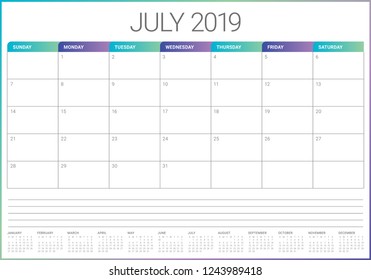 July 2019 desk calendar vector illustration, simple and clean design.