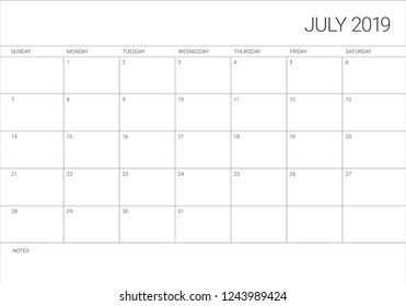 July 2019 desk calendar vector illustration, simple and clean design.