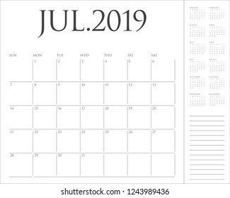 July 2019 desk calendar vector illustration, simple and clean design.