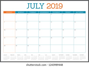 July 2019 desk calendar vector illustration, simple and clean design.