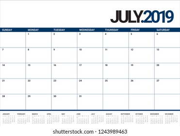 July 2019 desk calendar vector illustration, simple and clean design.