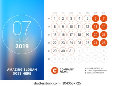 July 2019. Desk calendar for 2019 year. Vector design print template with place for photo. Week starts on Monday. Calendar grid with week numbers