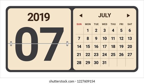 July 2019 monthly calendar vector illustration, simple and clean design. 