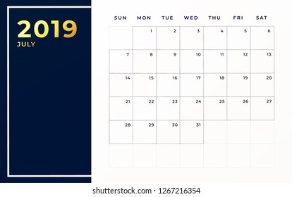 July 2019 schedule template. Week starts on sunday empty calendar month