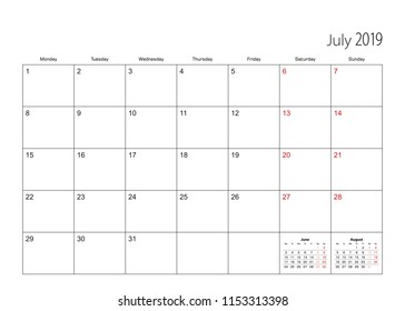 July 2019 simple calendar planner, week starts from Monday.