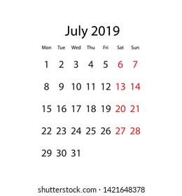 July 2019 Vector Calendar, New Design