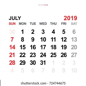 July 2019. Vector monthly calendar template 2019 year in simple style for template design. Week starts from Sunday.