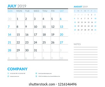July 2019. Week starts on Sunday. Calendar planner stationery design template. Vector illustration